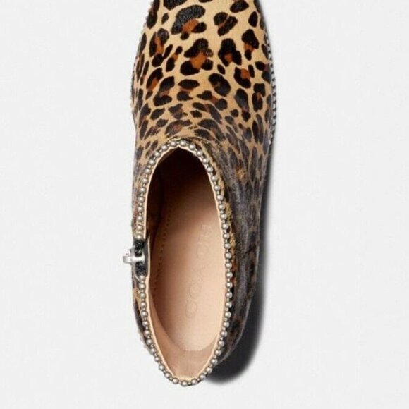 Coach Ankle Boot Womens 8.5 Leopard Brown Block Heel Leather Calf Hair Beaded - Picture 7 of 7